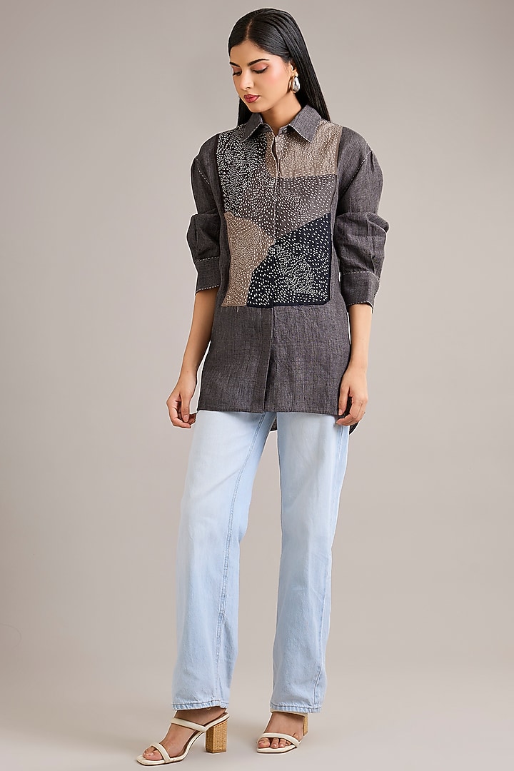 Grey Linen Color-Blocked Shirt by Divyam Mehta at Pernia's Pop Up Shop