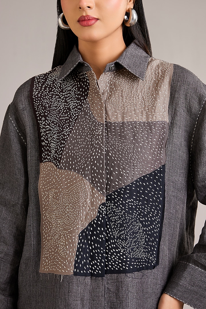 Grey Linen Color-Blocked Shirt by Divyam Mehta at Pernia's Pop Up Shop