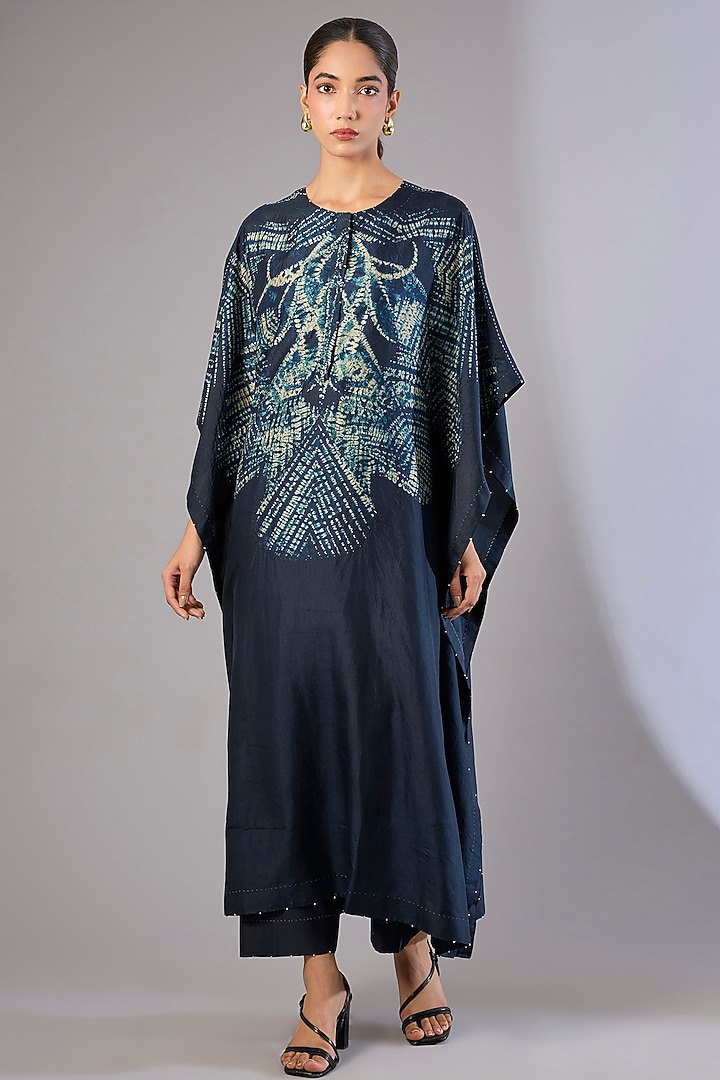 Whiskey Blue Dupion Silk Kaftan Set by Divyam Mehta at Pernia's Pop Up Shop