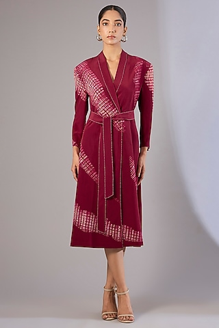 Crimson Red Crepe De Chine Jacket Dress by Divyam Mehta