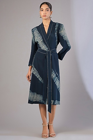 Whiskey Blue Crepe De Chine Jacket Dress by Divyam Mehta