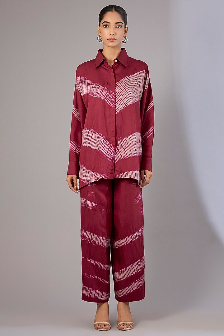 Crimson Red Vegan Silk Shibori Printed Co-Ord Set by Divyam Mehta at Pernia's Pop Up Shop