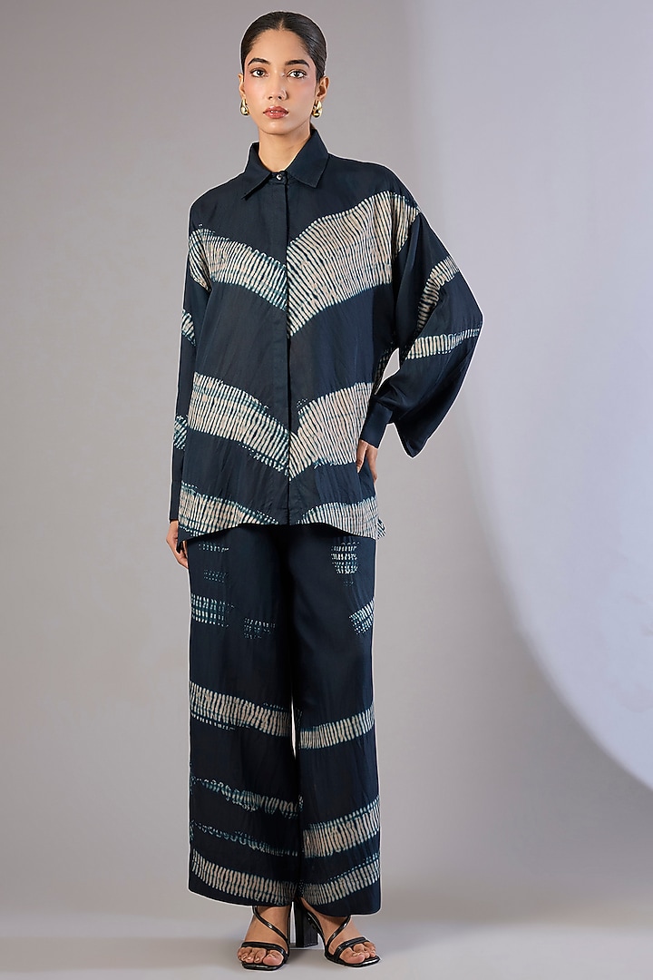 Whiskey Blue Vegan Silk Shibori Printed Co-Ord Set by Divyam Mehta at Pernia's Pop Up Shop