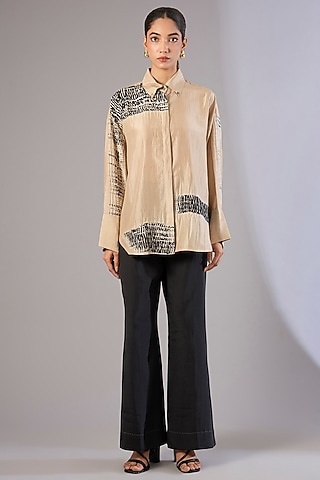 Beige Mulberry Silk Shibori Printed Top by Divyam Mehta