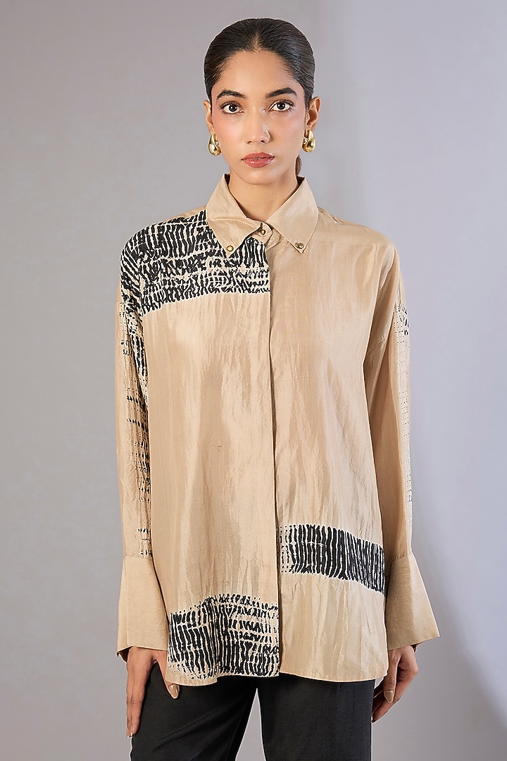 Beige Mulberry Silk Shibori Printed Top by Divyam Mehta at Pernia's Pop Up Shop