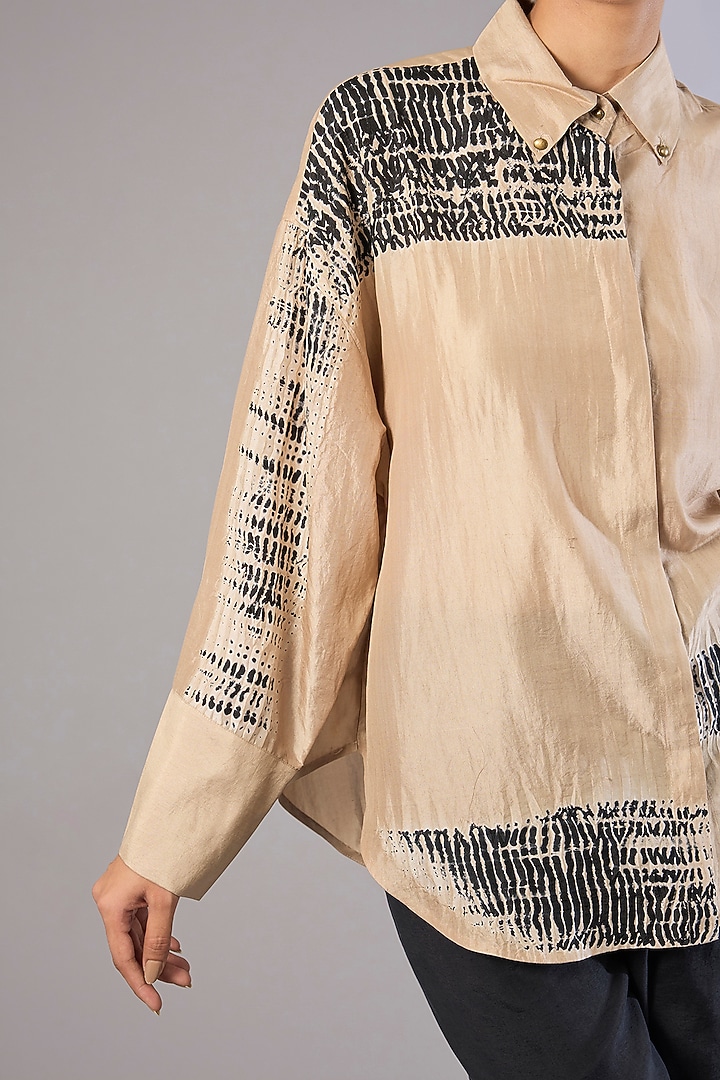 Beige Mulberry Silk Shibori Printed Top by Divyam Mehta at Pernia's Pop Up Shop