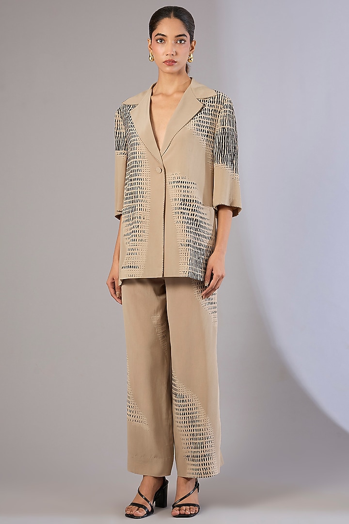 Beige Crepe De Chine Shibori Printed Co-Ord Set by Divyam Mehta at Pernia's Pop Up Shop