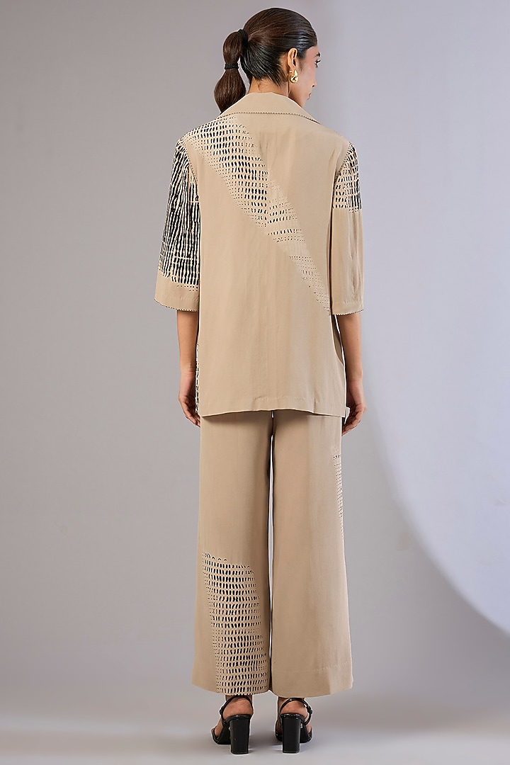 Beige Crepe De Chine Shibori Printed Co-Ord Set by Divyam Mehta at Pernia's Pop Up Shop