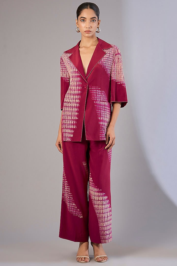 Crimson Red Crepe De Chine Shibori Printed Co-Ord Set by Divyam Mehta at Pernia's Pop Up Shop