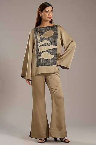 Beige Satin Shibori Printed Co-Ord Set by Divyam Mehta