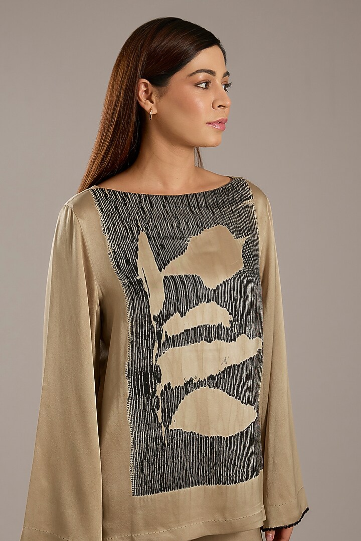 Beige Satin Shibori Printed Co-Ord Set by Divyam Mehta at Pernia's Pop Up Shop