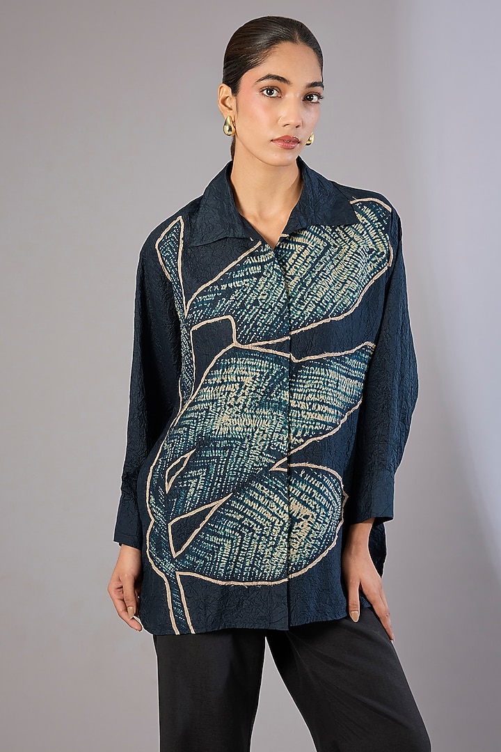 Whiskey Blue Mulberry Silk Shibori Printed Top by Divyam Mehta at Pernia's Pop Up Shop