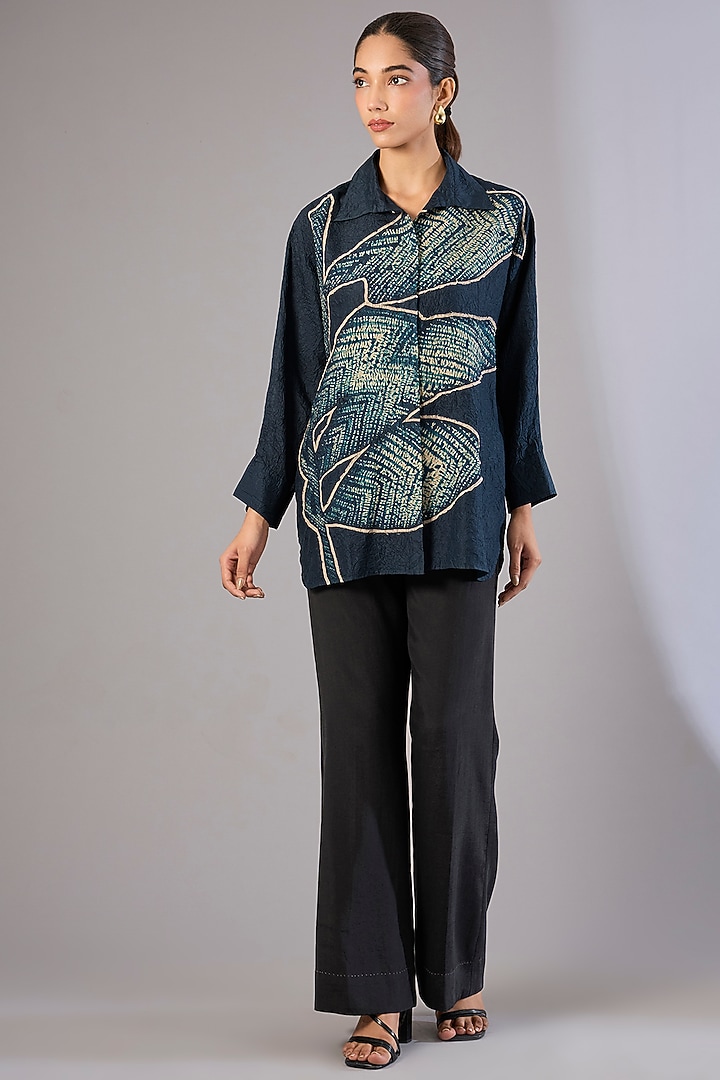 Whiskey Blue Mulberry Silk Shibori Printed Top by Divyam Mehta at Pernia's Pop Up Shop