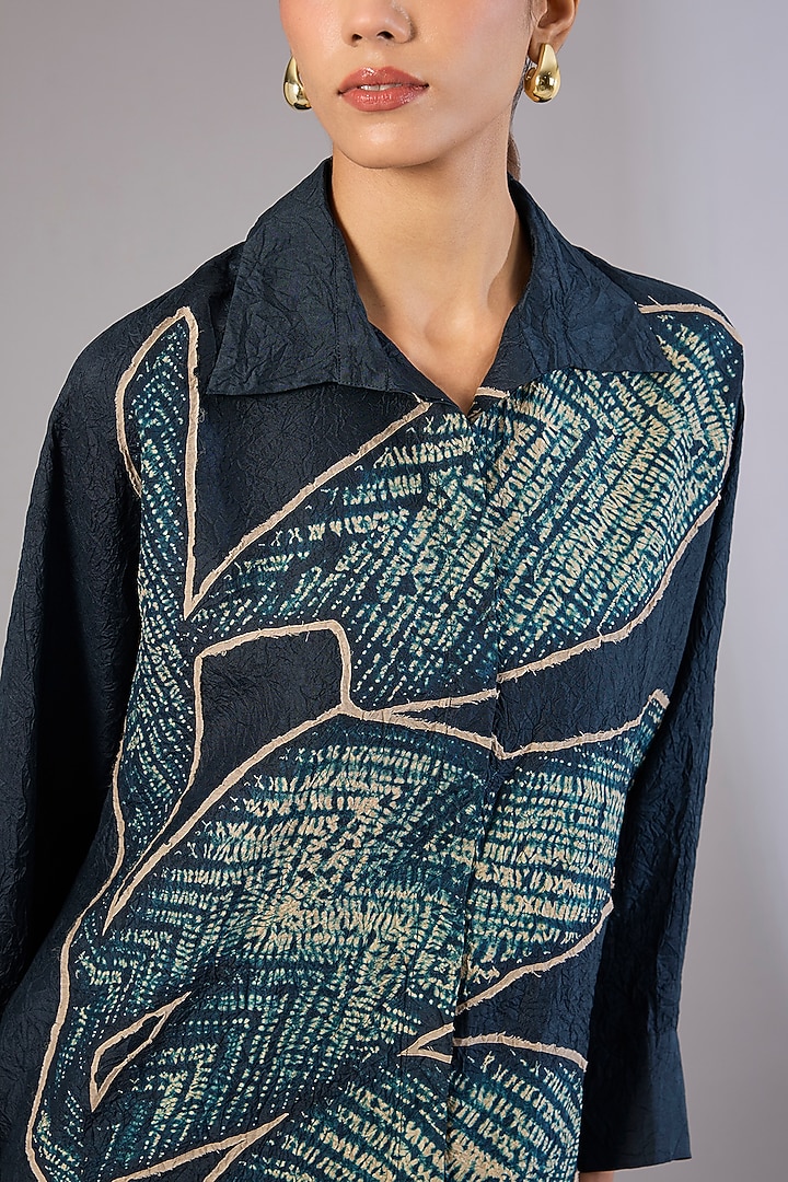 Whiskey Blue Mulberry Silk Shibori Printed Top by Divyam Mehta at Pernia's Pop Up Shop