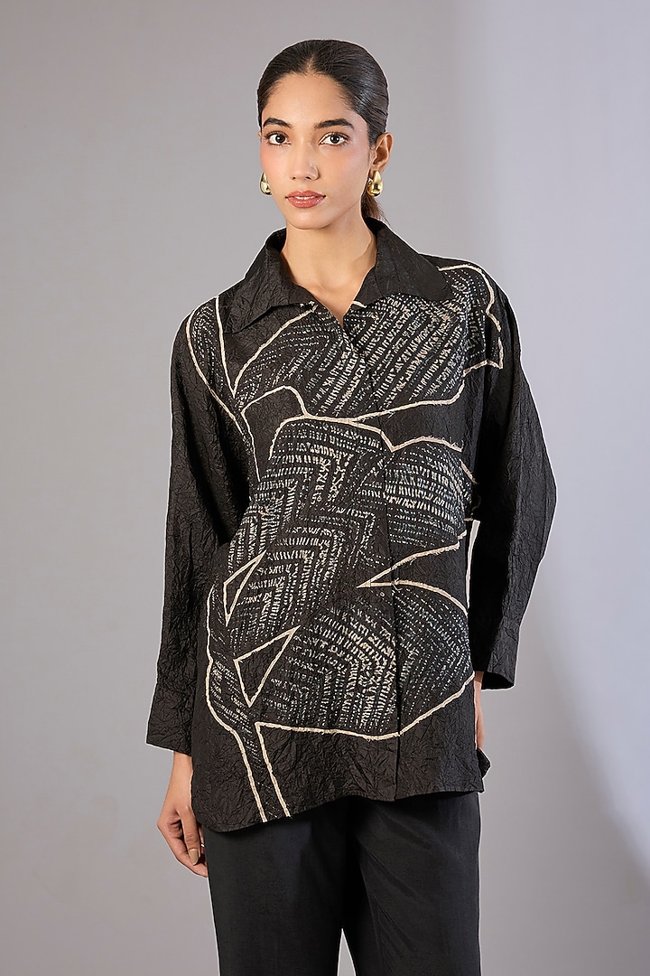 Black Mulberry Silk Shibori Printed Top by Divyam Mehta at Pernia's Pop Up Shop