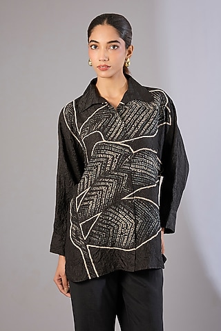 Black Mulberry Silk Shibori Printed Top by Divyam Mehta
