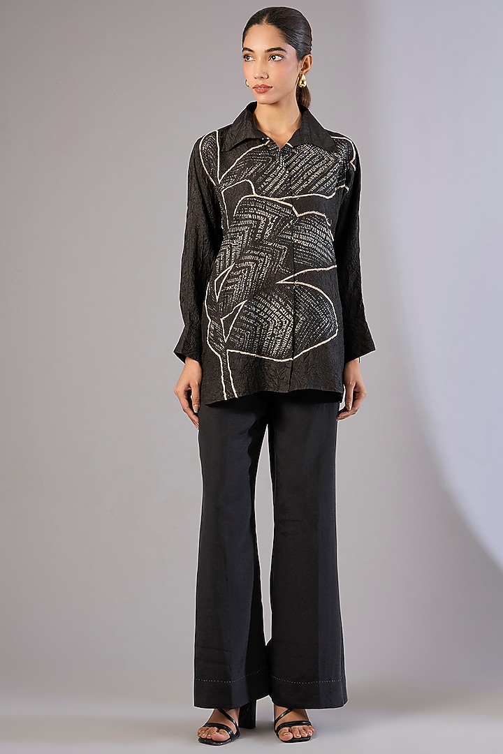 Black Mulberry Silk Shibori Printed Top by Divyam Mehta at Pernia's Pop Up Shop