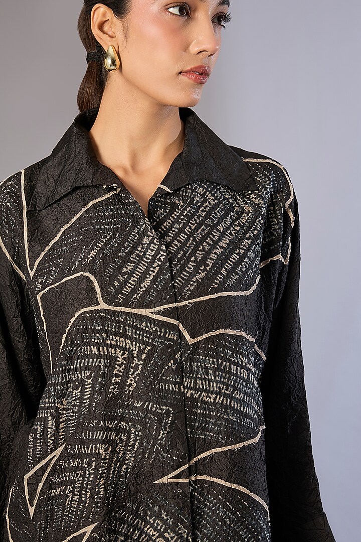 Black Mulberry Silk Shibori Printed Top by Divyam Mehta at Pernia's Pop Up Shop