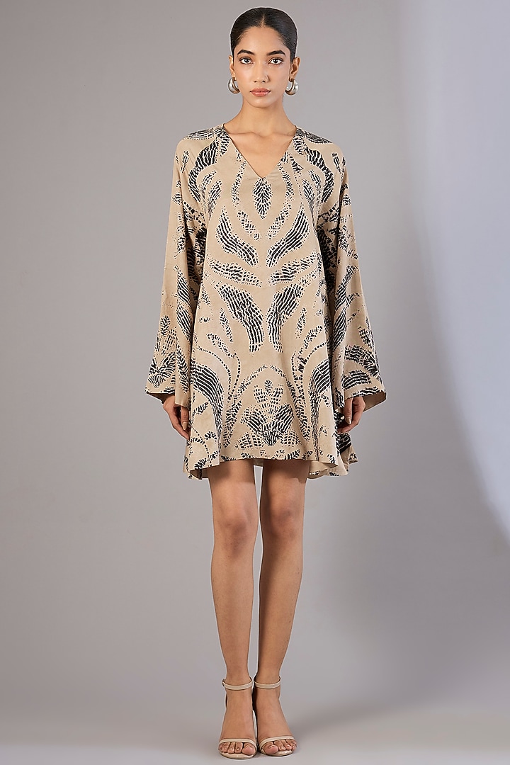Beige Vegan Silk Shibori Printed Cocktail Dress by Divyam Mehta at Pernia's Pop Up Shop