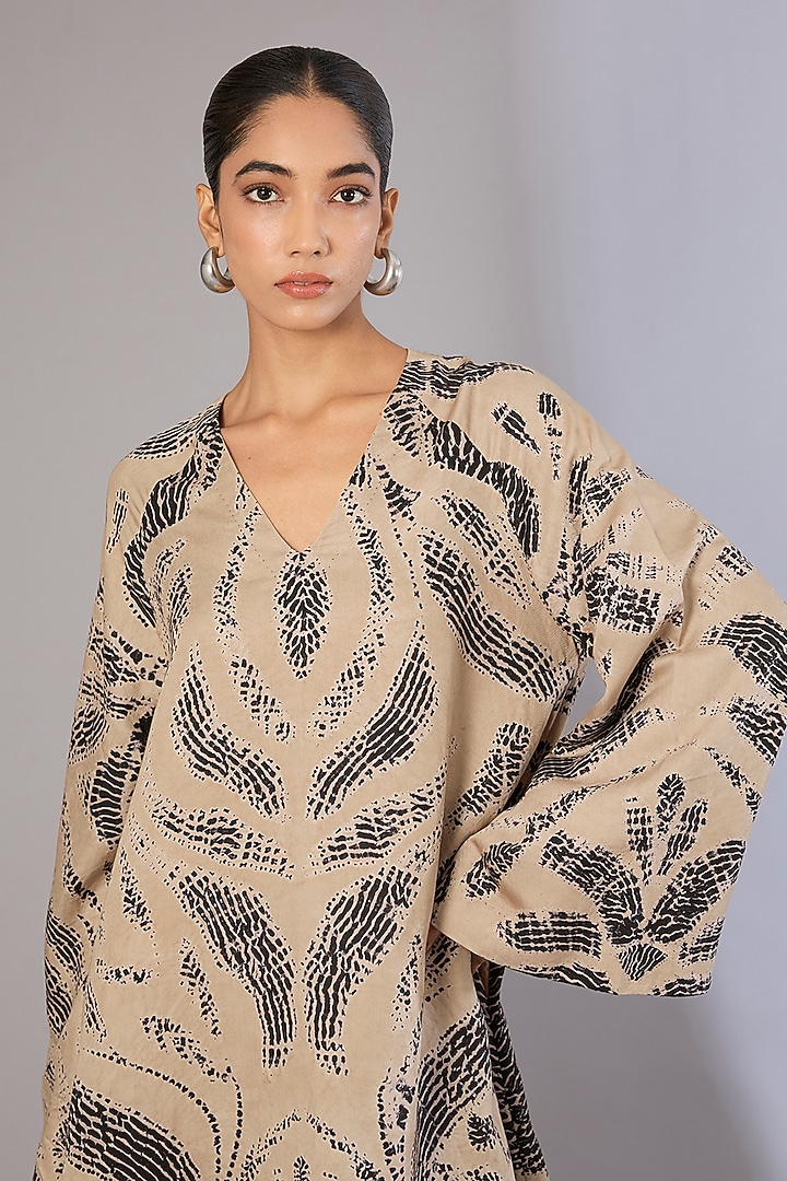 Beige Vegan Silk Shibori Printed Cocktail Dress by Divyam Mehta at Pernia's Pop Up Shop