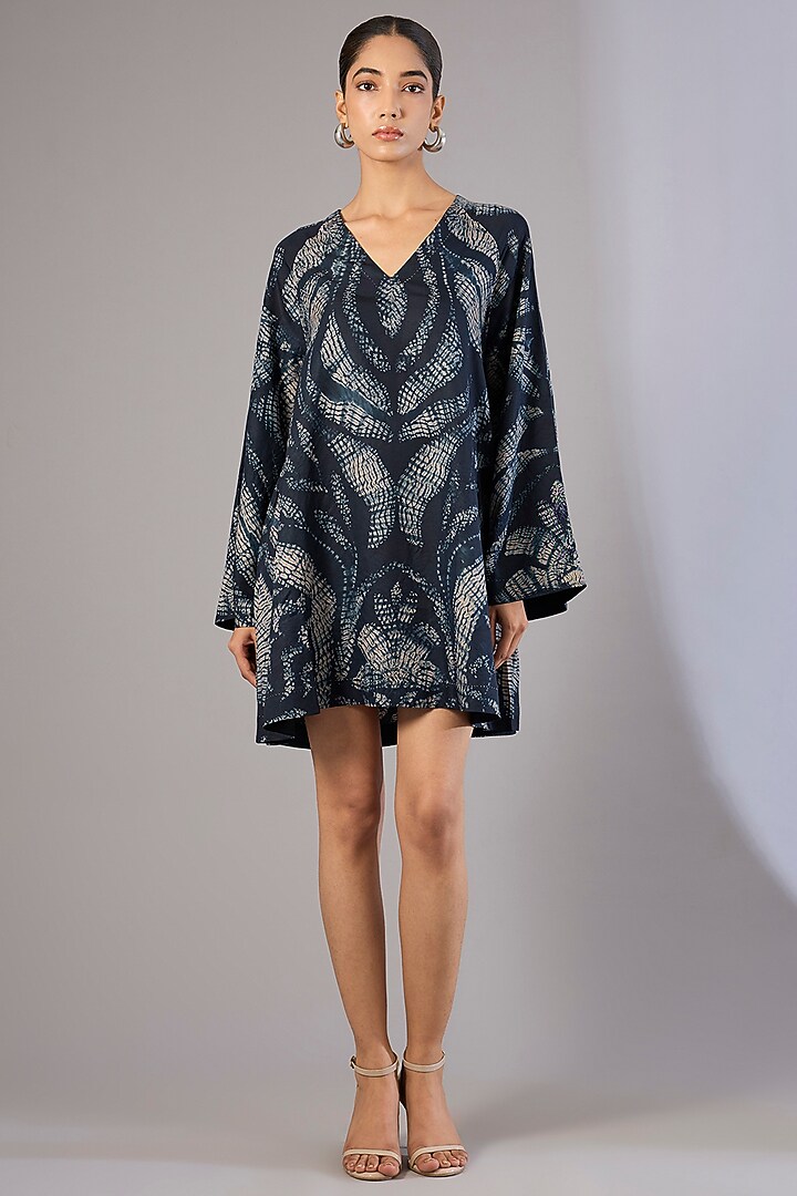 Blue Vegan Silk Shibori Printed Cocktail Dress by Divyam Mehta at Pernia's Pop Up Shop