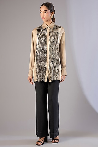 Beige Satin Silk Shibori Printed Top by Divyam Mehta