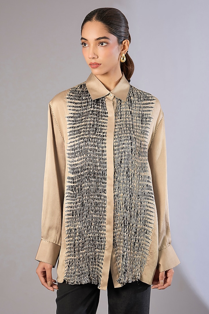 Beige Satin Silk Shibori Printed Top by Divyam Mehta at Pernia's Pop Up Shop