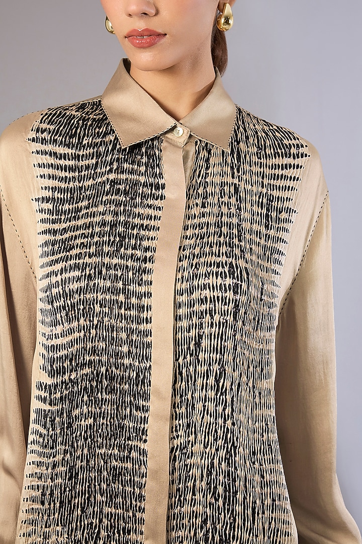 Beige Satin Silk Shibori Printed Top by Divyam Mehta at Pernia's Pop Up Shop