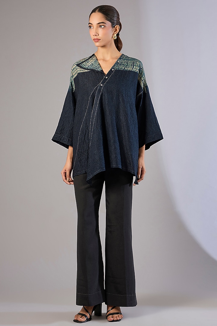 Blue Mulberry Silk Shibori Printed Top by Divyam Mehta at Pernia's Pop Up Shop
