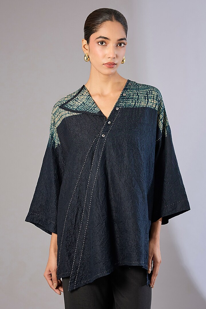 Blue Mulberry Silk Shibori Printed Top by Divyam Mehta at Pernia's Pop Up Shop
