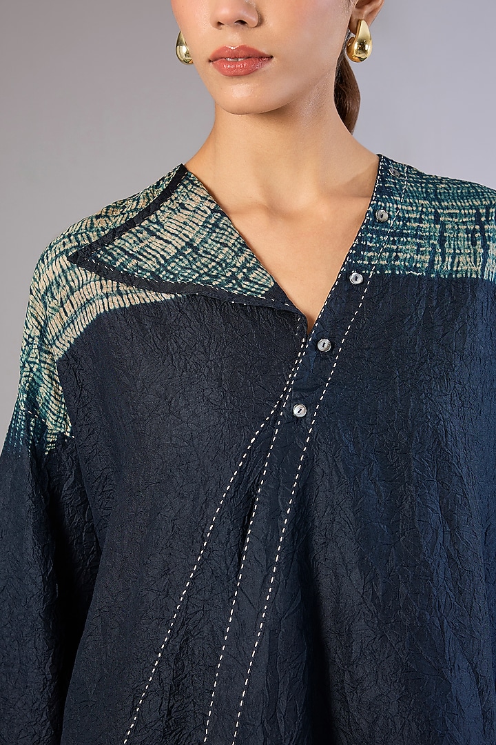 Blue Mulberry Silk Shibori Printed Top by Divyam Mehta at Pernia's Pop Up Shop