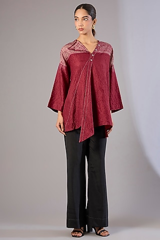 Red Mulberry Silk Shibori Printed Top by Divyam Mehta