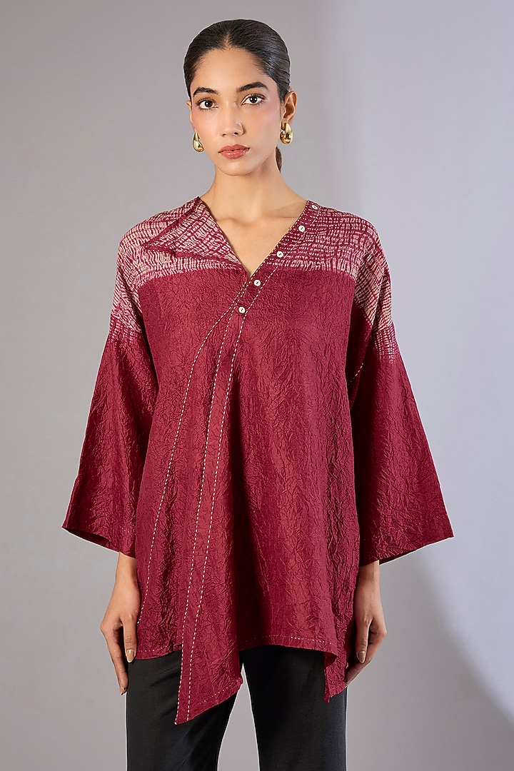 Red Mulberry Silk Shibori Printed Top by Divyam Mehta at Pernia's Pop Up Shop