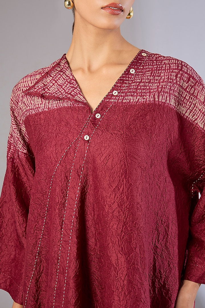 Red Mulberry Silk Shibori Printed Top by Divyam Mehta at Pernia's Pop Up Shop