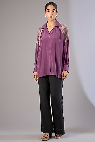 Amethyst Silk Crepe Shibori Printed Top by Divyam Mehta