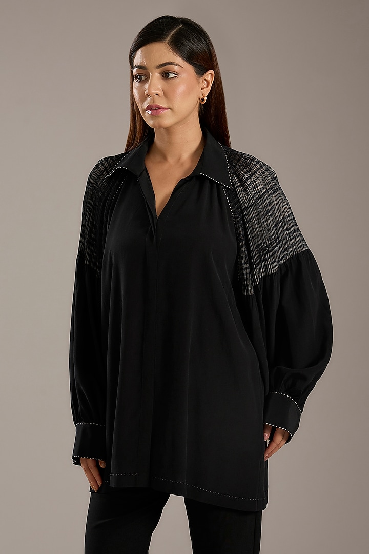 Black Silk Crepe Shibori Printed Top by Divyam Mehta at Pernia's Pop Up Shop