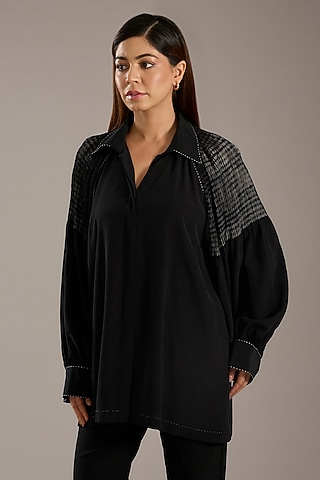 Black Silk Crepe Shibori Printed Top by Divyam Mehta