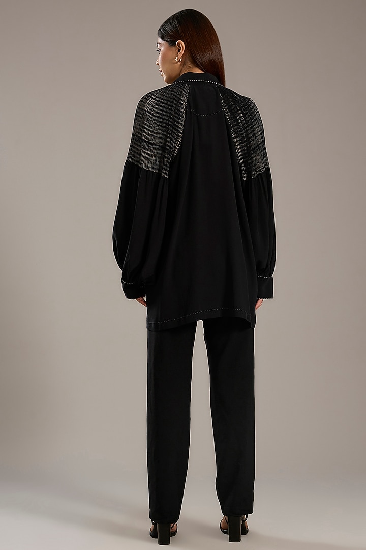 Black Silk Crepe Shibori Printed Top by Divyam Mehta at Pernia's Pop Up Shop