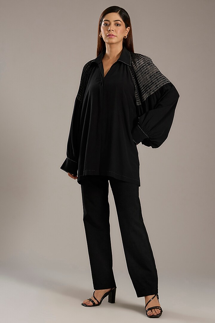 Black Silk Crepe Shibori Printed Top by Divyam Mehta at Pernia's Pop Up Shop