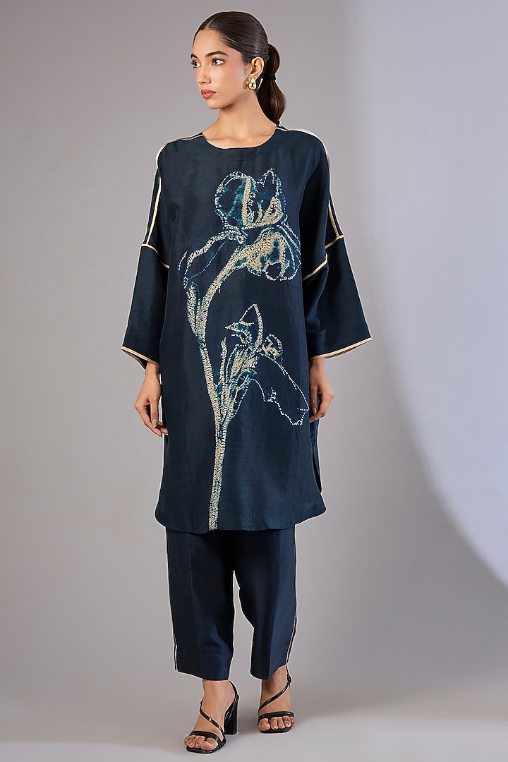 Blue Silk Satin Shibori Printed Tunic Set by Divyam Mehta at Pernia's Pop Up Shop