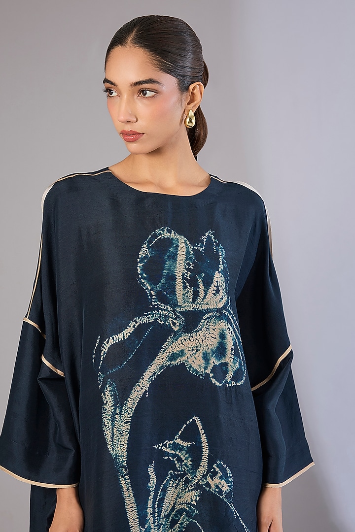 Blue Silk Satin Shibori Printed Tunic Set by Divyam Mehta at Pernia's Pop Up Shop