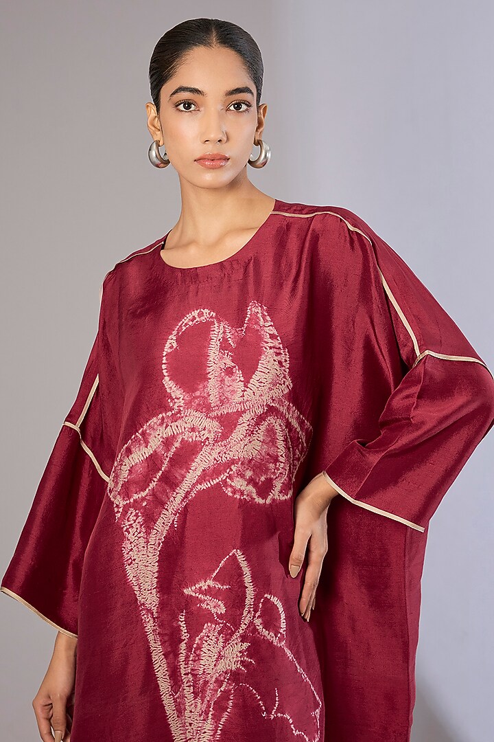 Red Silk Satin Shibori Printed Tunic Set by Divyam Mehta at Pernia's Pop Up Shop
