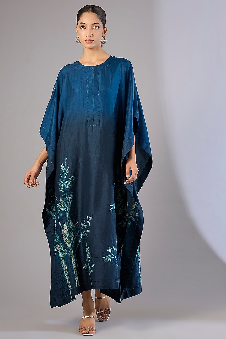 Blue Dupion Silk Shibori Printed Kaftan by Divyam Mehta at Pernia's Pop Up Shop