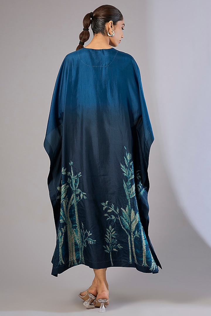 Blue Dupion Silk Shibori Printed Kaftan by Divyam Mehta at Pernia's Pop Up Shop