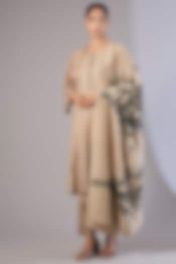 Beige Mulberry Silk Shibori Printed Kurta Set by Divyam Mehta at Pernia's Pop Up Shop