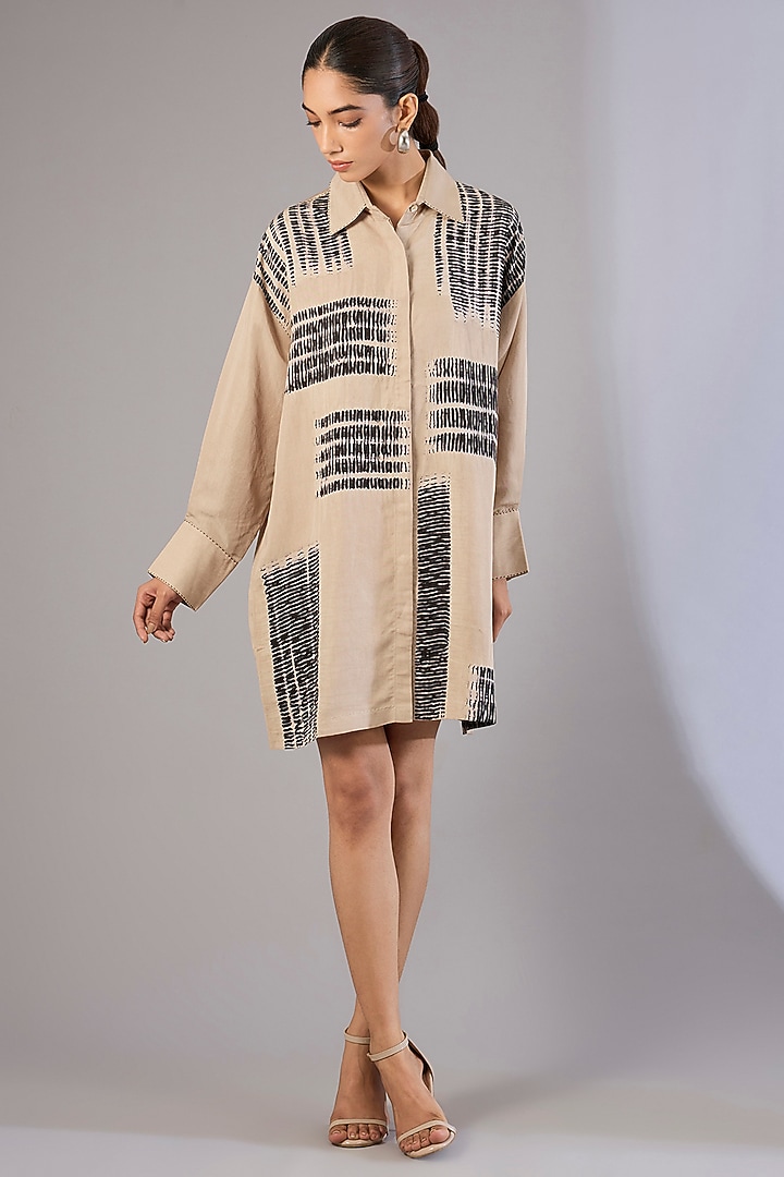 Beige Vegan Silk Shibori Printed Long Shirt by Divyam Mehta at Pernia's Pop Up Shop