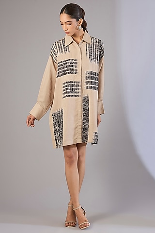 Beige Vegan Silk Shibori Printed Long Shirt by Divyam Mehta