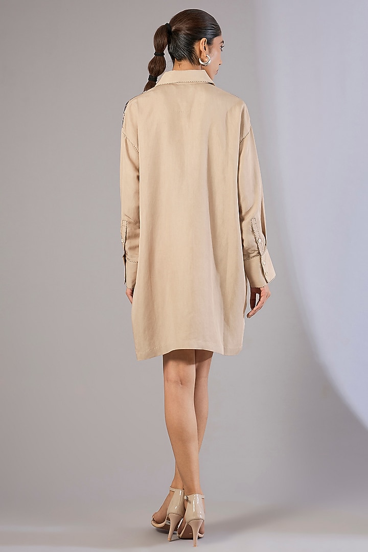 Beige Vegan Silk Shibori Printed Long Shirt by Divyam Mehta at Pernia's Pop Up Shop
