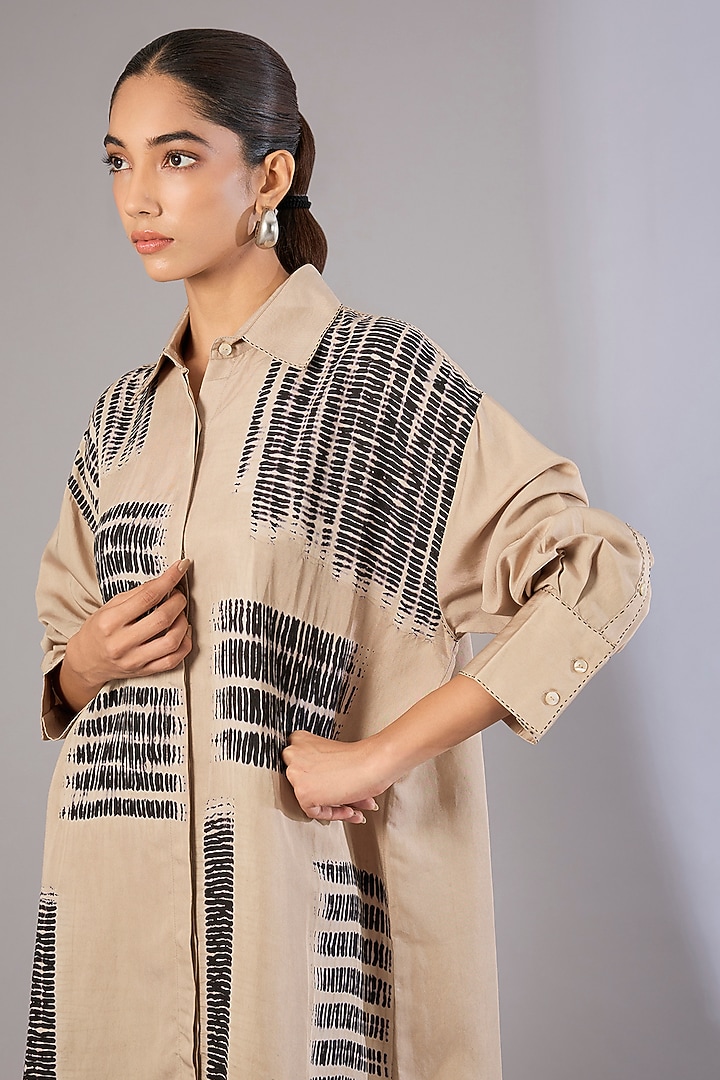 Beige Vegan Silk Shibori Printed Long Shirt by Divyam Mehta at Pernia's Pop Up Shop