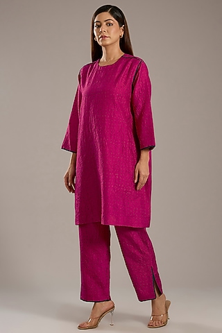 Fuchsia Pink Mulberry Silk Screen Printed Kurta Set by Divyam Mehta